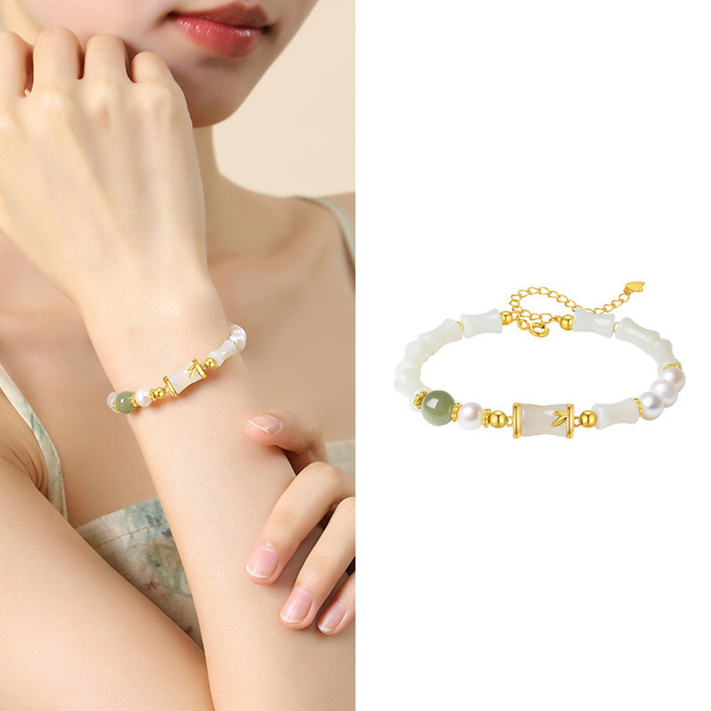 Bracelet en jade blanc Hetian | Argent sterling et bambou, porte-bonheur