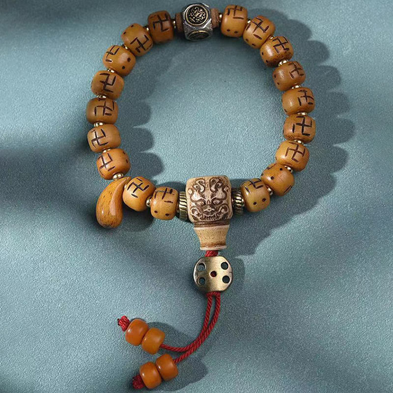 Bracelet Bouddha Dzi Swastika en os de chameau pour la chance et la protection
