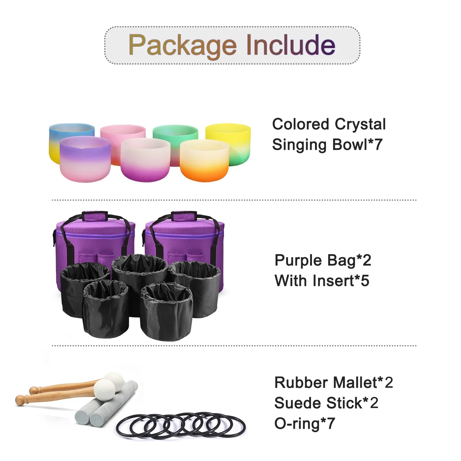 Candy Colored Frosted Quartz Crystal Singing Bowl Set with bowls, bags, mallets, and accessories