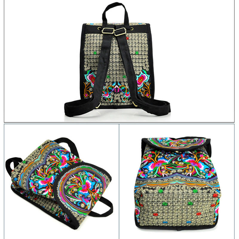Sac à dos en toile avec broderie pivoine et arbre à monnaie chinois - Symbole de prospérité