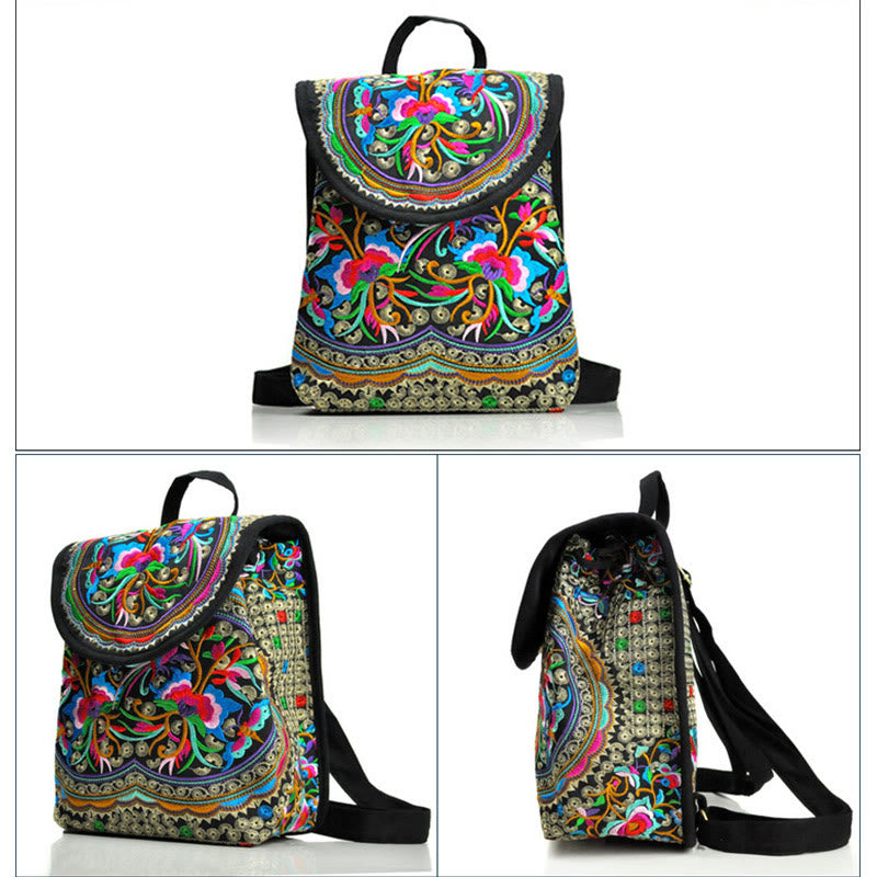 Sac à dos en toile avec broderie pivoine et arbre à monnaie chinois - Symbole de prospérité
