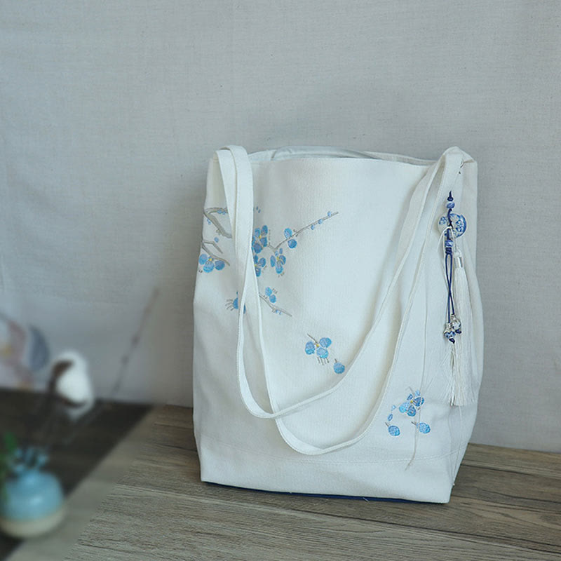 Sac fourre-tout en toile avec broderie de grue fleurie et de fleur de prunier