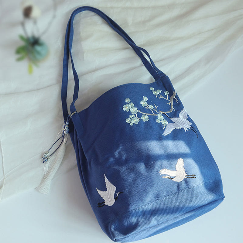 Sac fourre-tout en toile avec broderie de grue fleurie et de fleur de prunier