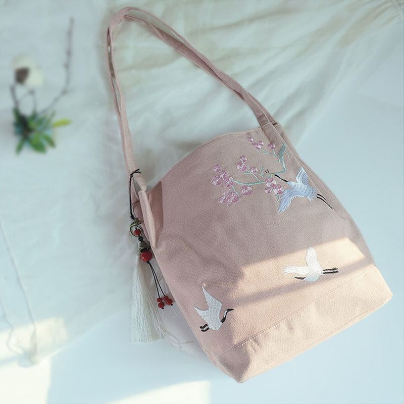 Sac fourre-tout en toile avec broderie de grue fleurie et de fleur de prunier