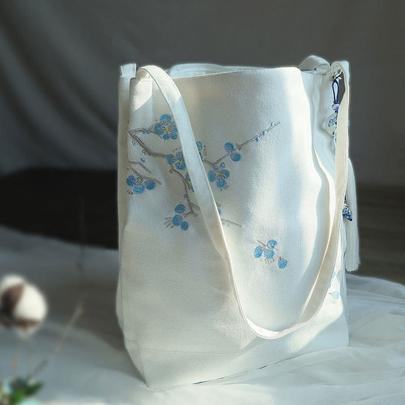Sac fourre-tout en toile avec broderie de grue fleurie et de fleur de prunier