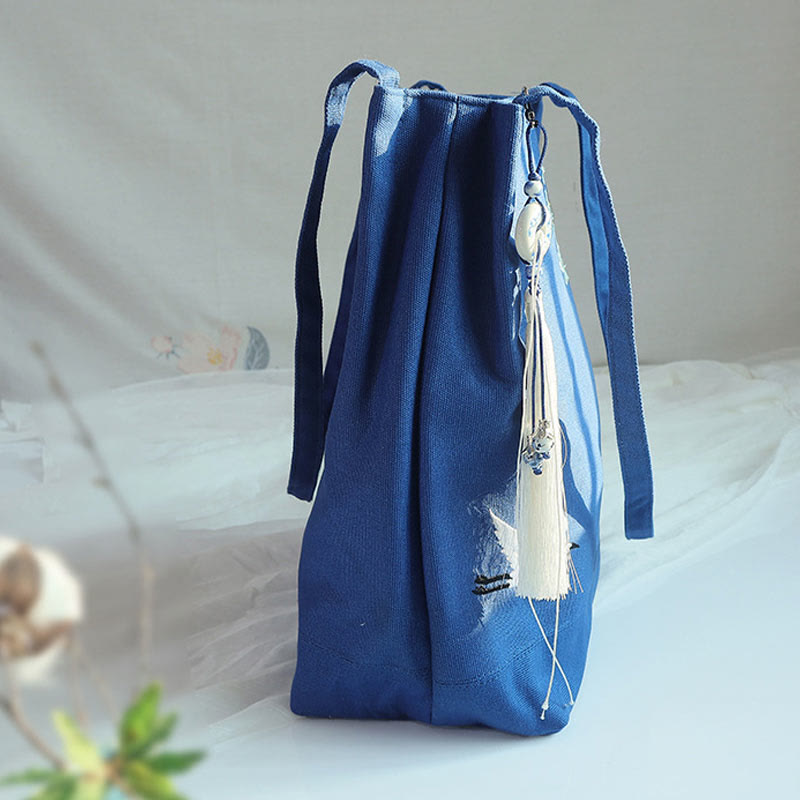Sac fourre-tout en toile avec broderie de grue fleurie et de fleur de prunier