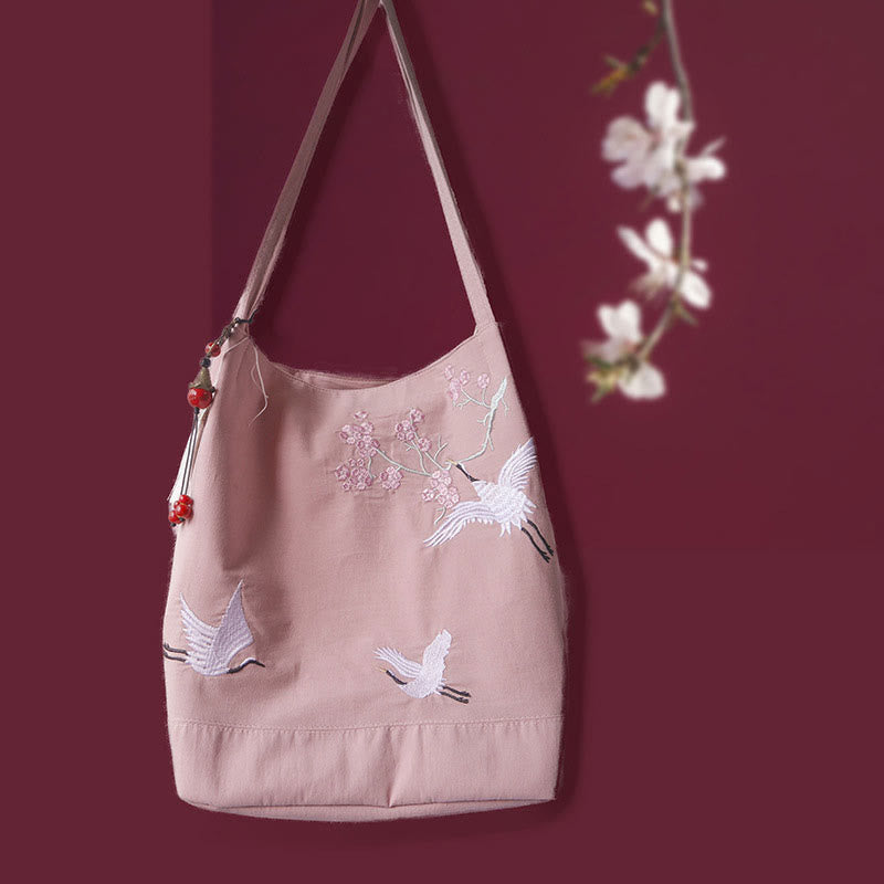 Sac fourre-tout en toile avec broderie de grue fleurie et de fleur de prunier