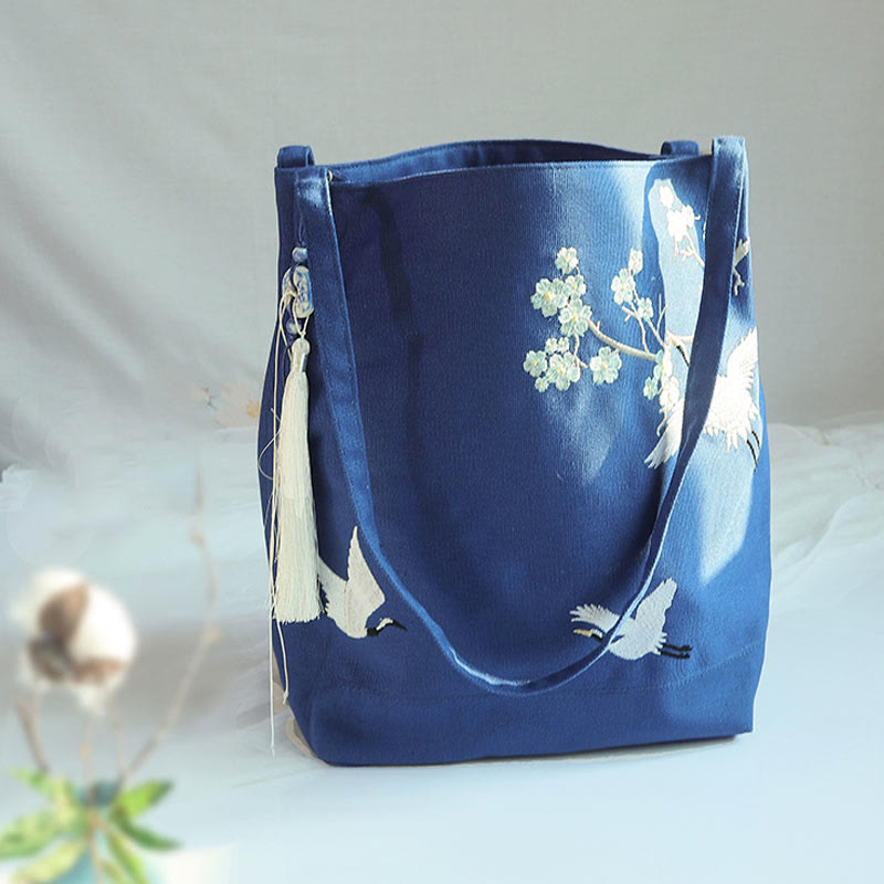 Sac fourre-tout en toile avec broderie de grue fleurie et de fleur de prunier