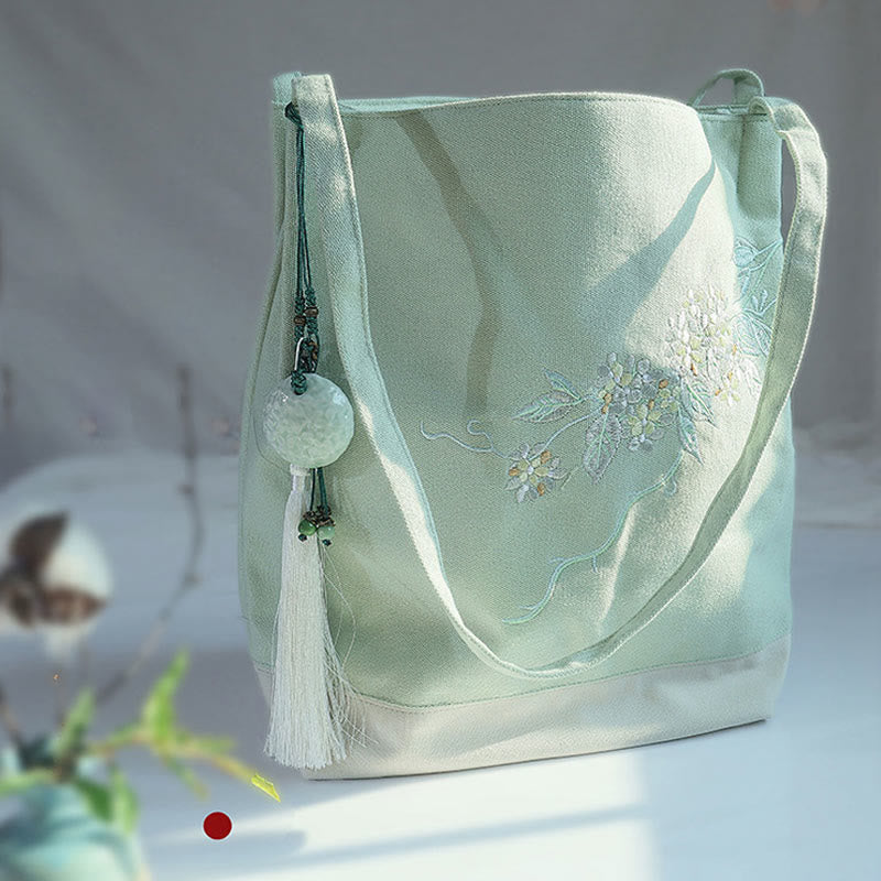 Sac fourre-tout en toile avec broderie de grue fleurie et de fleur de prunier