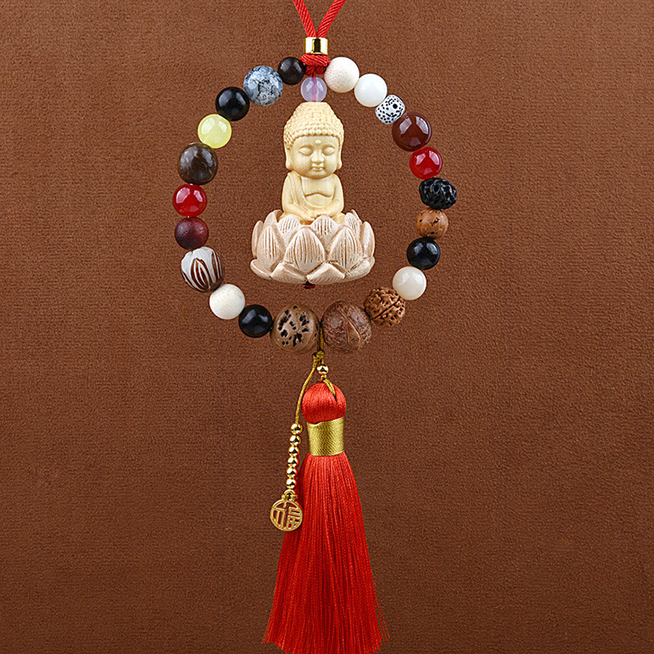 Breloque pour voiture | Graine de Bodhi, Lotus, Symbole Bouddha Fu, 40 cm