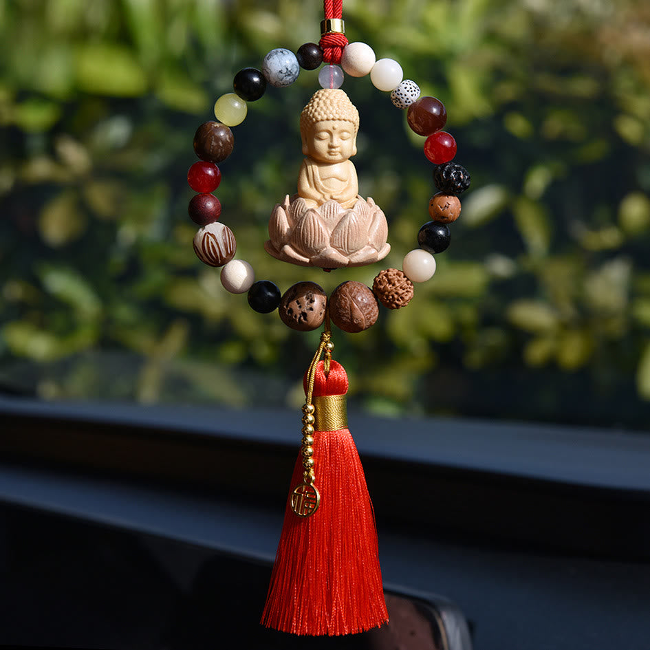 Breloque pour voiture | Graine de Bodhi, Lotus, Symbole Bouddha Fu, 40 cm