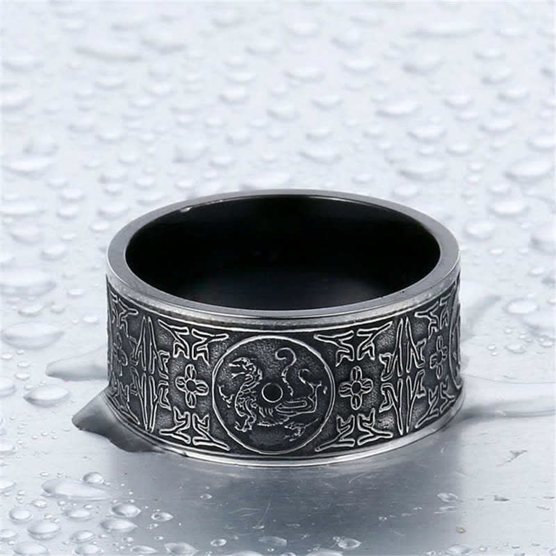 Bague Dragon sculptée à quatre bêtes gardiennes en acier titane