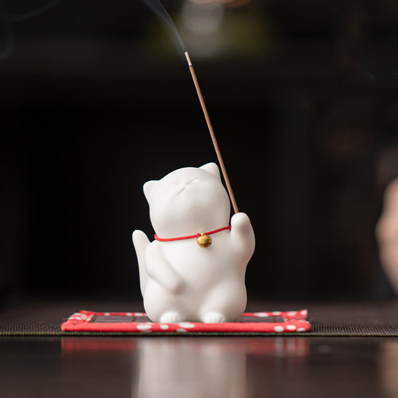 Brûleur d'encens en céramique Cat Bell avec tapis en bambou pour la méditation