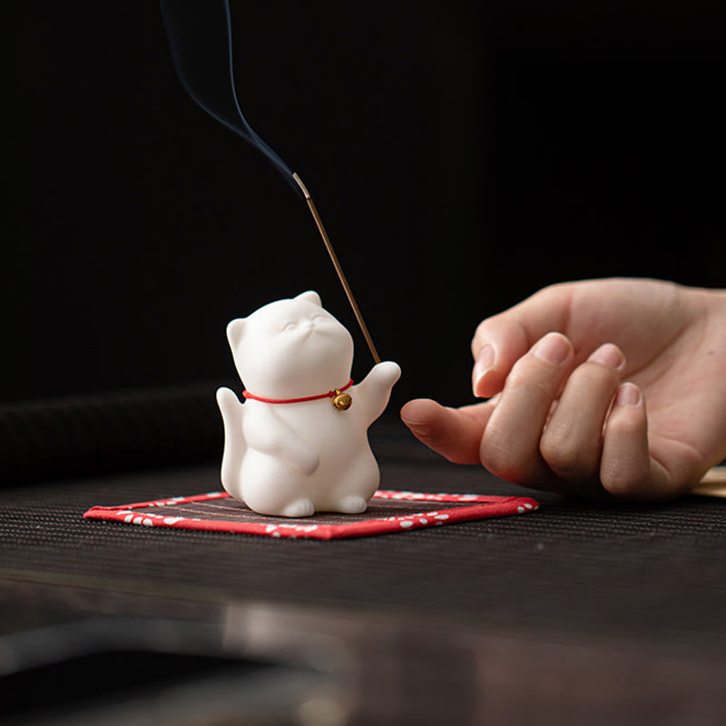 Brûleur d'encens en céramique Cat Bell avec tapis en bambou pour la méditation