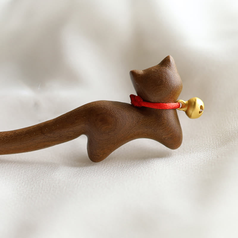 Épingle à cheveux chinoise en bois de santal en forme de chat pour la protection et le calme