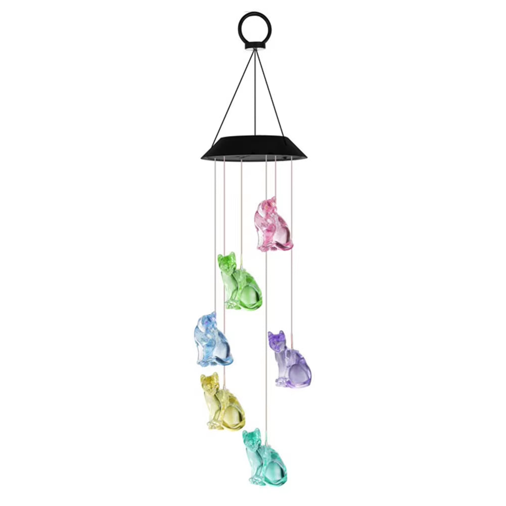 Colorful cat-shaped ornaments on Cat Solar Wind Chimes for outdoor garden decor