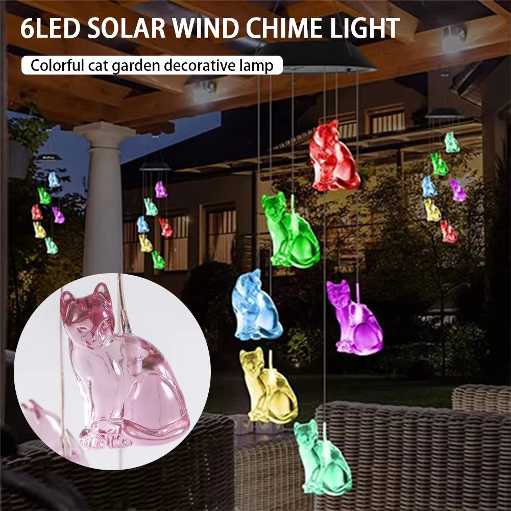 Solar-powered Cat Wind Chime with colorful illuminated decorations for garden decor