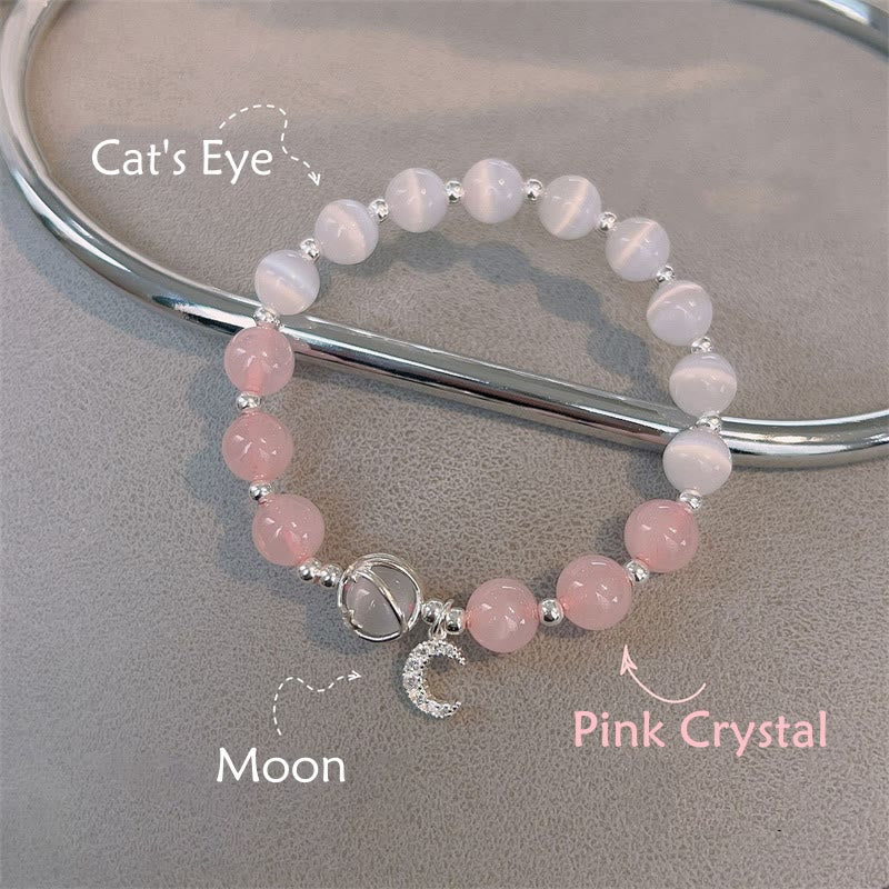 Bracelet spirituel avec breloque lune et cristal rose œil de chat