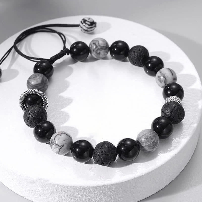Vintage Lava Rock Black Obsidian Picasso Jasper Bracelet for Grounding