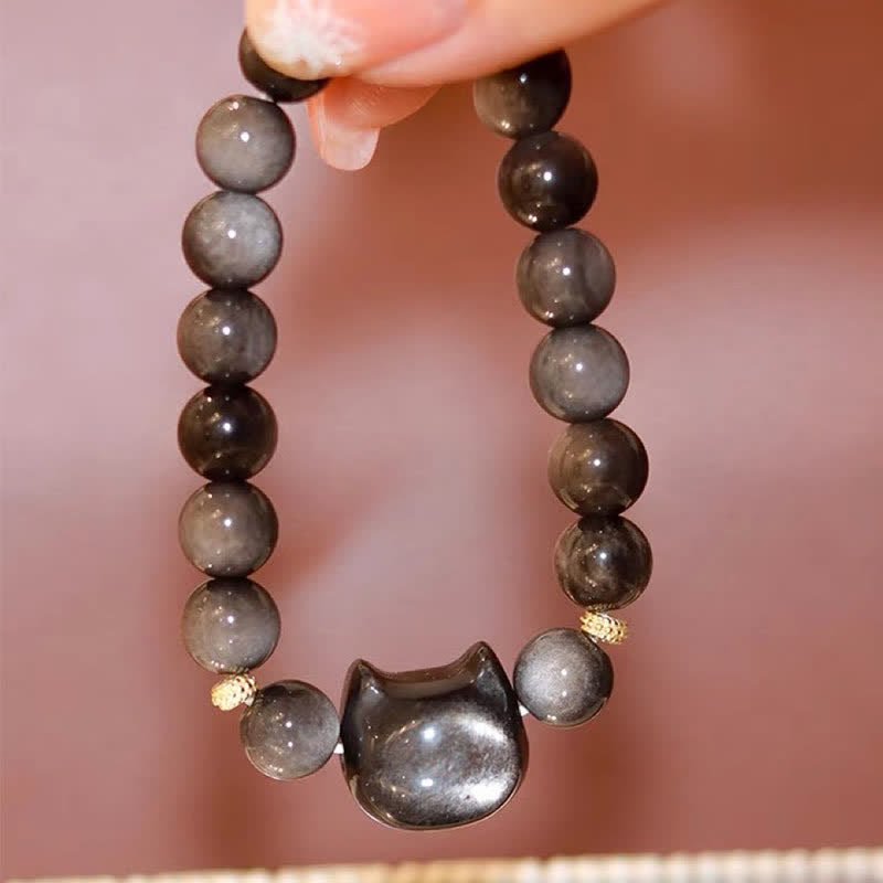 8mm Gold Sheen Obsidian Protection Bracelet with Lucky Cat Paw