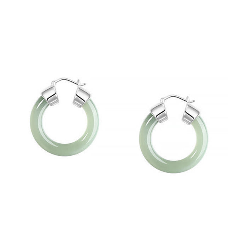 Round White Jade Prosperity Earrings with Silver and Gold Options
