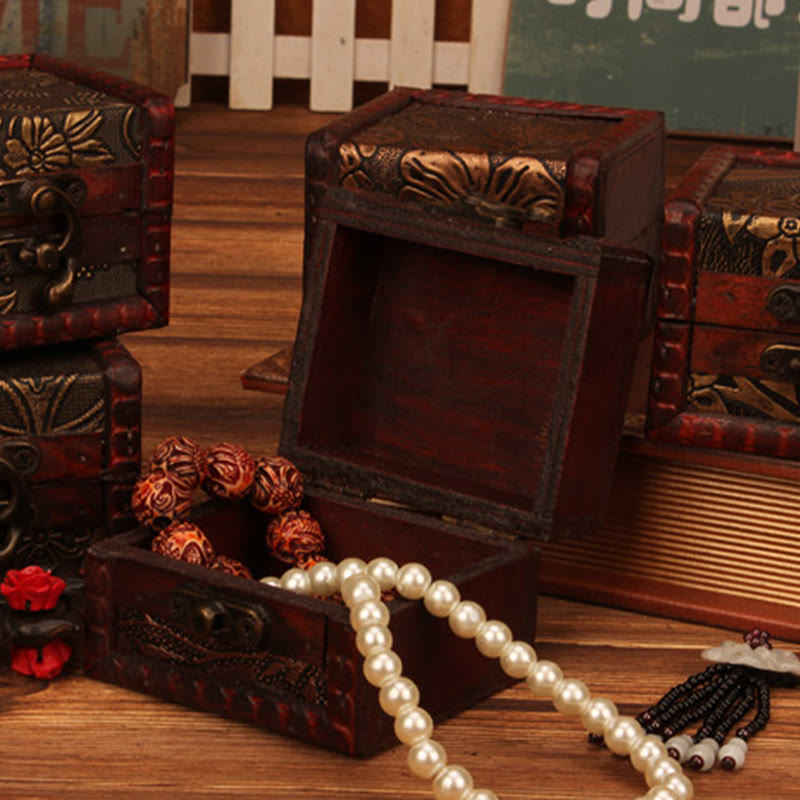 Retro Small Square Wood Jewelry Box with Lotus Design