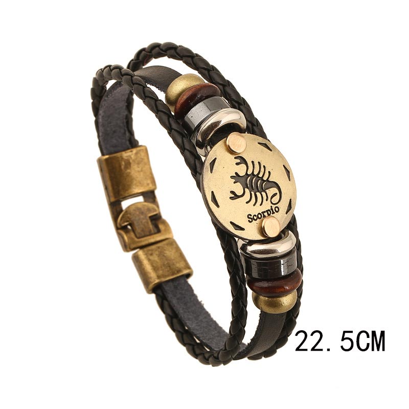 Bracelet à breloques en cuir hématite avec 12 constellations du zodiaque