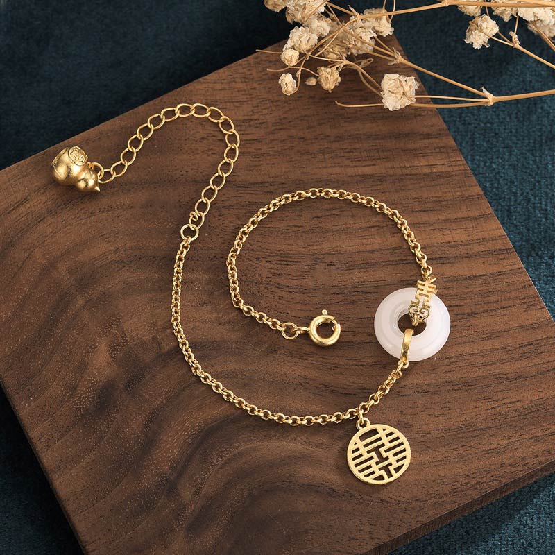 Bracelet en jade blanc double bonheur et fortune