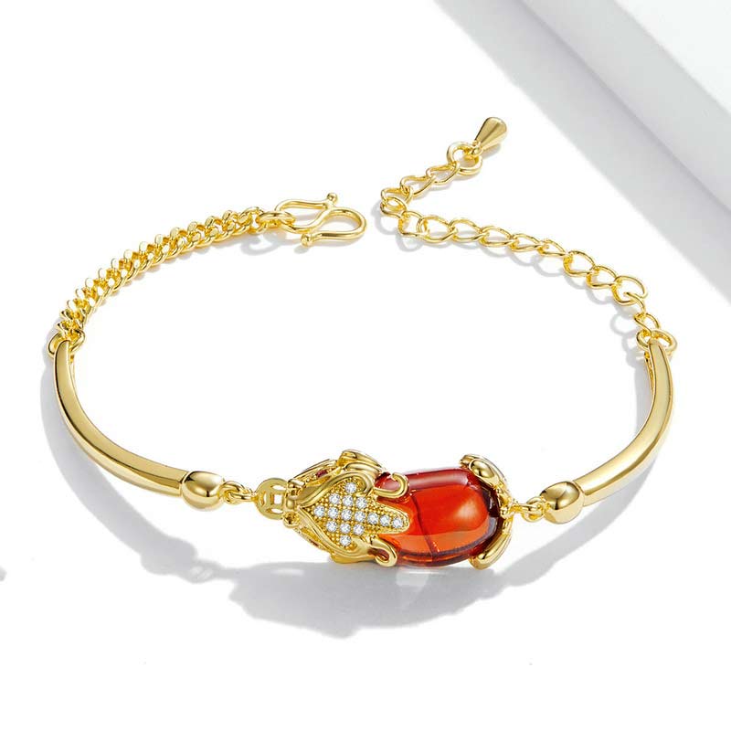 Golden Red Agate Pixiu Bracelet 7.5in Wealth & Luck