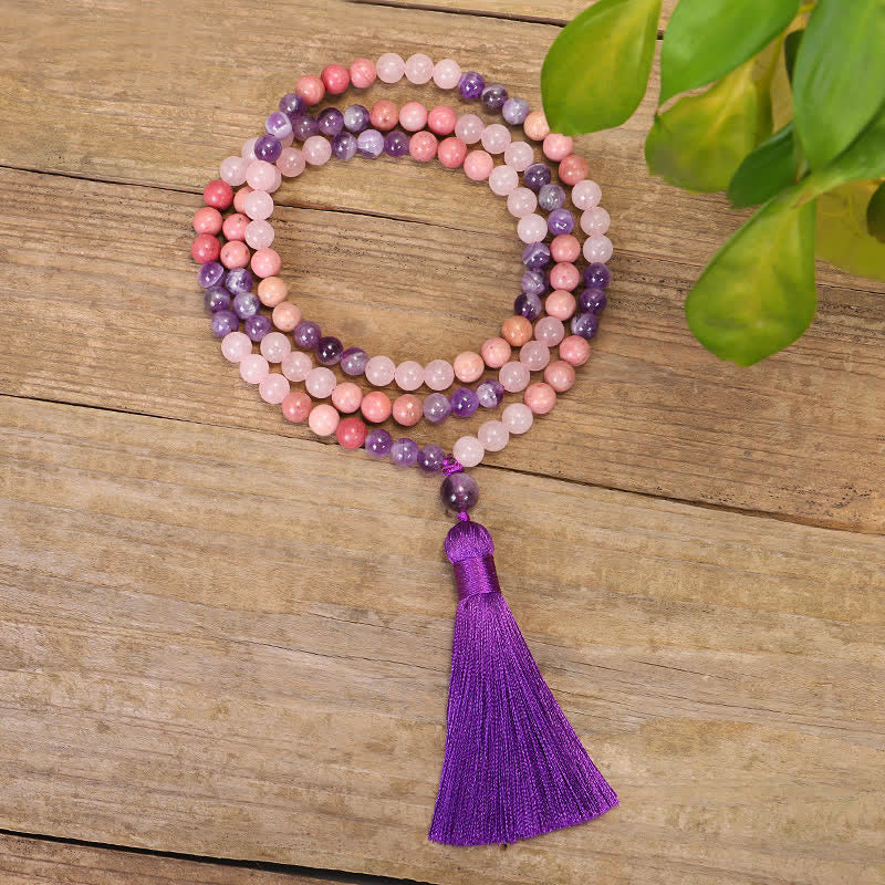 Bracelet Mala en améthyste et quartz rose, 108 perles