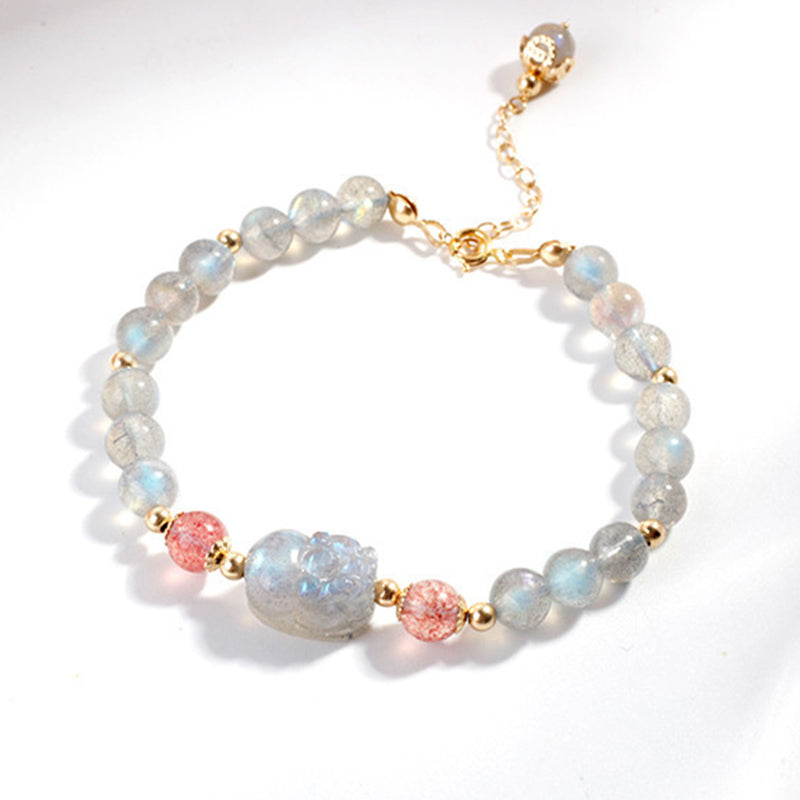 Bracelet Pixiu en quartz fraise et pierre de lune pour la richesse et l'amour