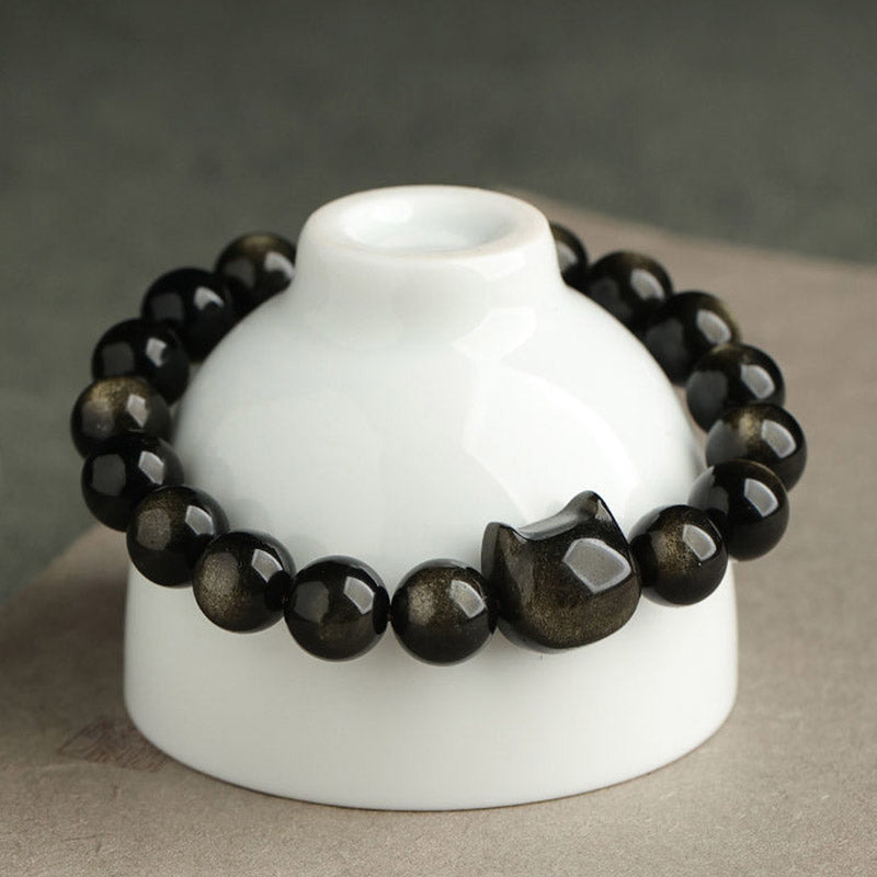 8mm Gold Sheen Obsidian Protection Bracelet with Lucky Cat Paw