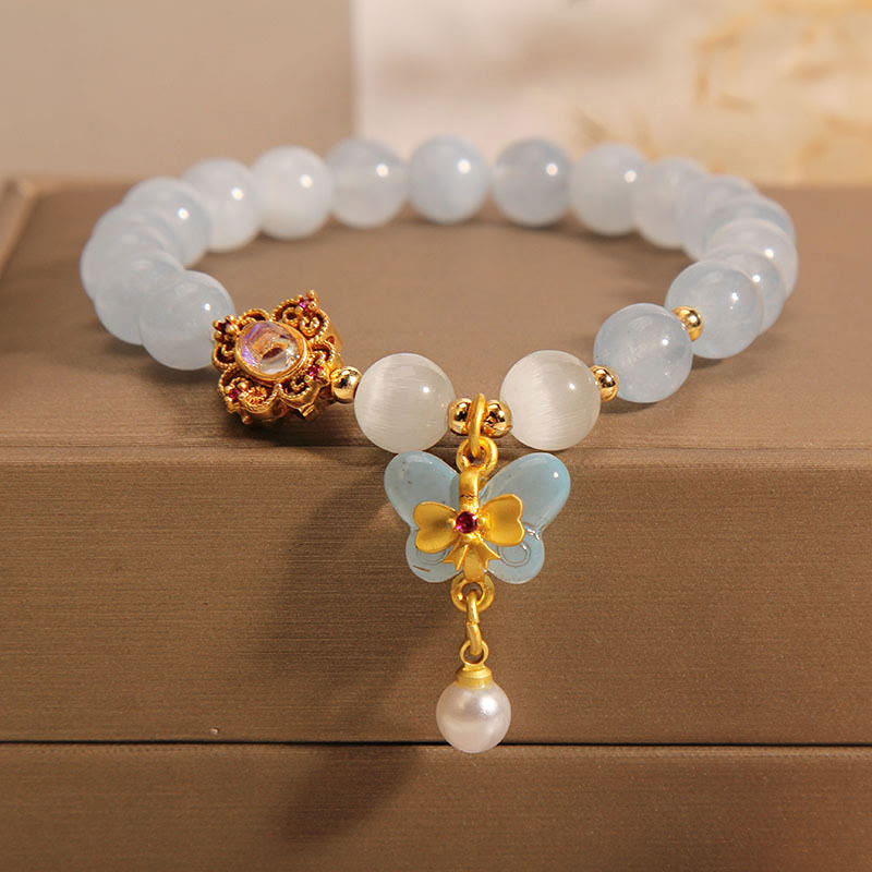 Aquamarine Bracelet with Cat's Eye and Butterfly Pearl Charm for Healing