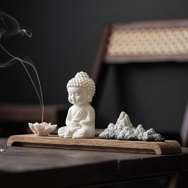 Brûleur d'encens Bouddha en céramique avec motifs de lotus et de méditation