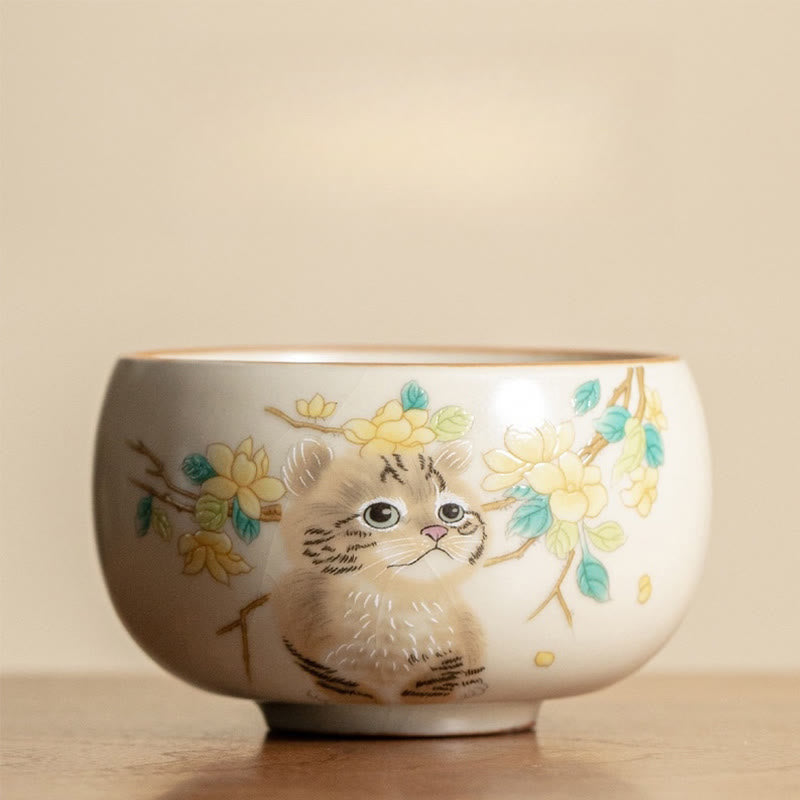 Tasses à thé Kung Fu en céramique motif chat et lapin pour une décoration zen