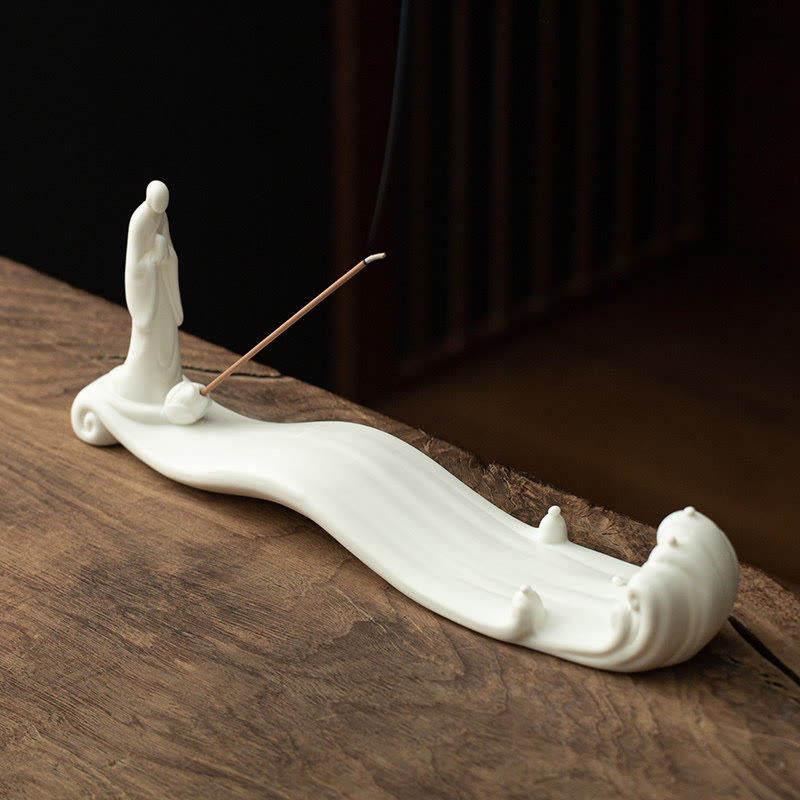 Brûle-encens en céramique avec Bouddha moine | 26-32 cm, décoration artisanale