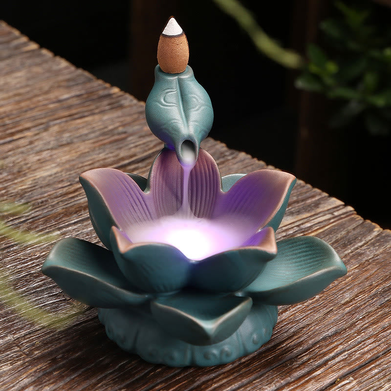 Brûleur d'encens en céramique, motif fleur de lotus, grenouille et papillon
