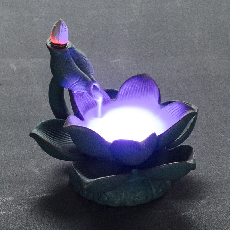 Brûleur d'encens en céramique, motif fleur de lotus, grenouille et papillon