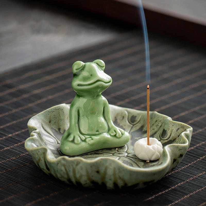 Brûle-encens en céramique | Grenouille de méditation en feuille de lotus 11 cm