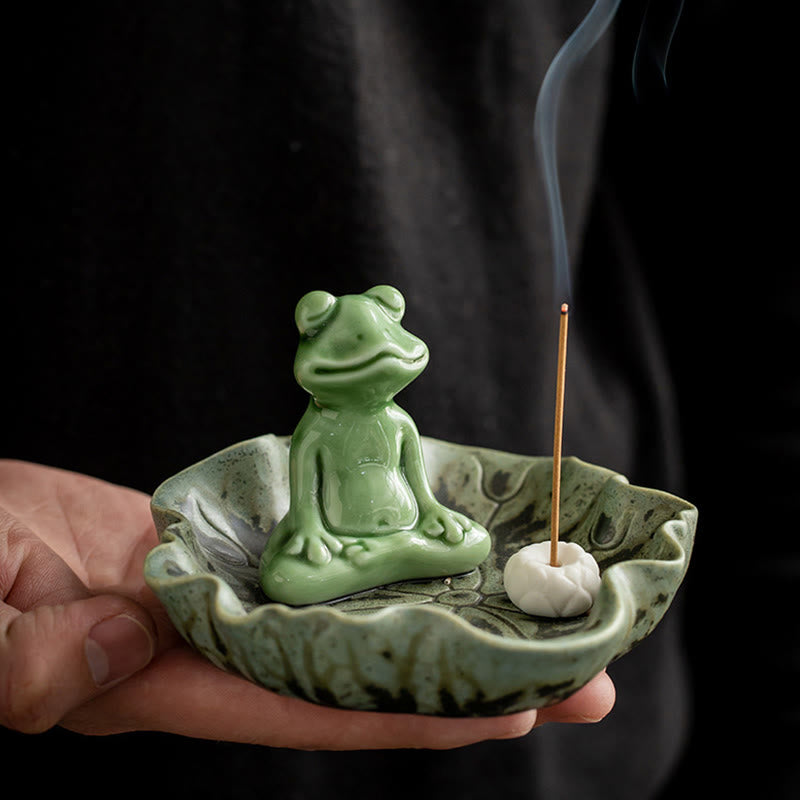 Brûle-encens en céramique | Grenouille de méditation en feuille de lotus 11 cm