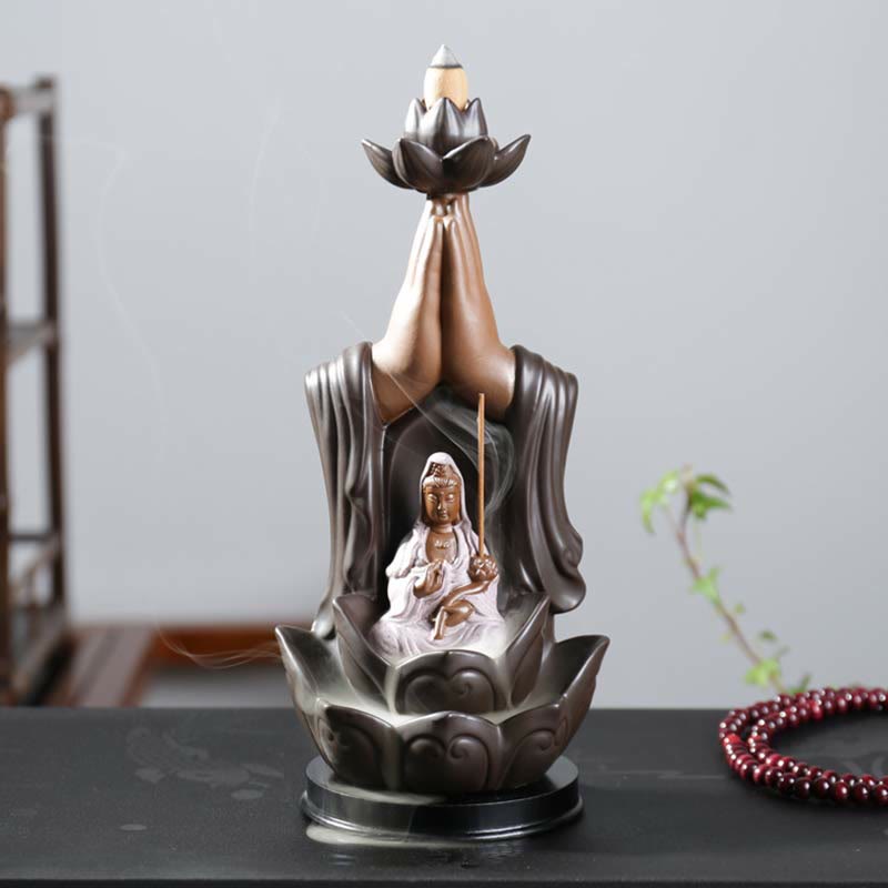 Brûleur d'encens à reflux en céramique avec bénédiction de lotus et divinités de Bouddha