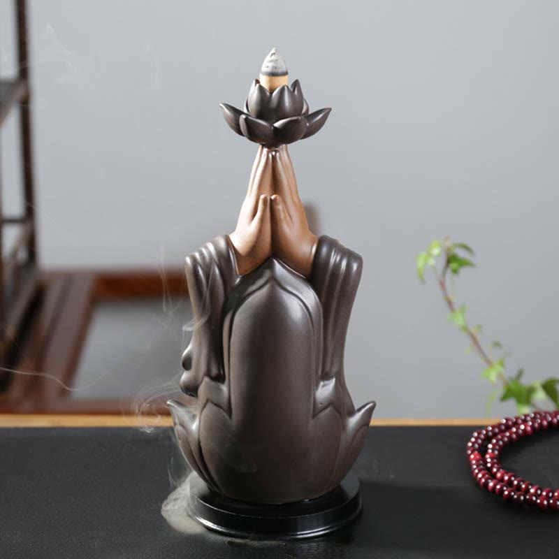 Brûleur d'encens à reflux en céramique avec bénédiction de lotus et divinités de Bouddha