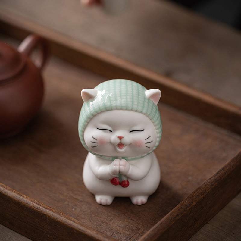 Figurine chat porte-bonheur en céramique 15 cm Décor zen pour une énergie positive