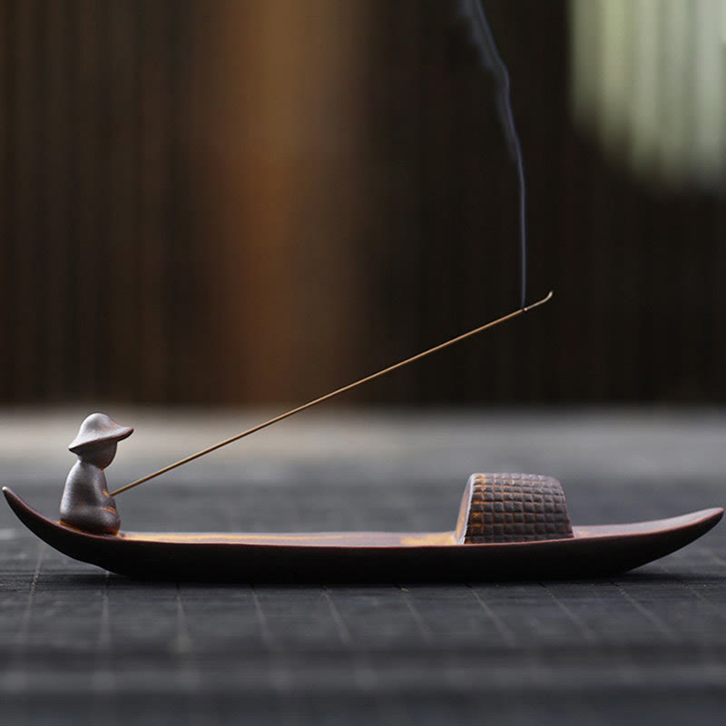 Brûle-encens de méditation en céramique | Motif pêcheur solitaire