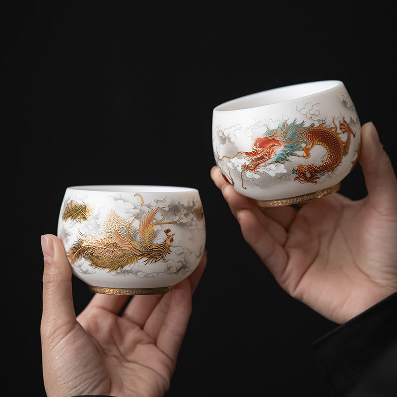 Tasse à thé en céramique à décor zen | Motifs phénix, dragon et lotus