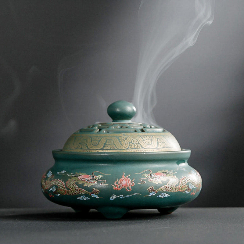 Brûle-encens zen en céramique avec motif dragon ou floral 11,7 cm