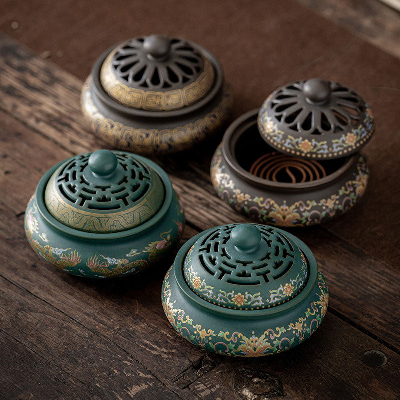 Brûle-encens zen en céramique avec motif dragon ou floral 11,7 cm