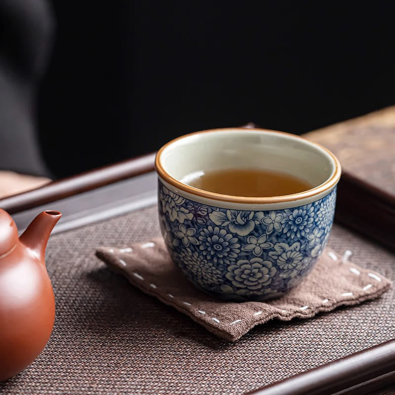 Tasse à thé zen en céramique avec motif lotus bleu et chrysanthème 95 ml