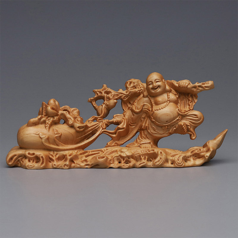 Wood Laughing Buddha Statue for Home | Positive Energy Decor