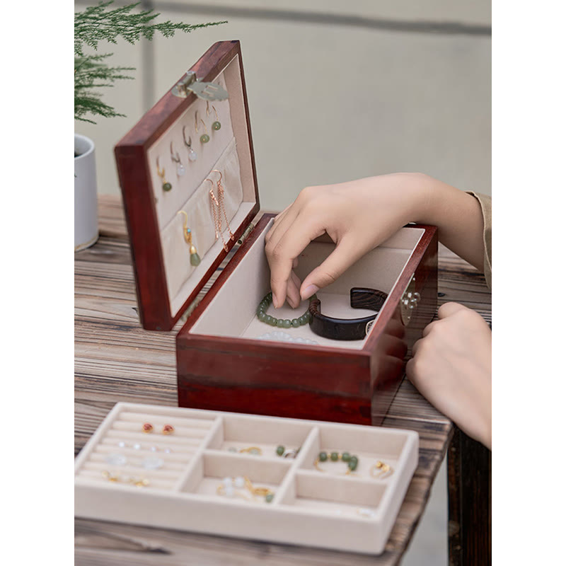 Coffret de rangement pour bijoux fait main en bois de santal rouge antique et palissandre